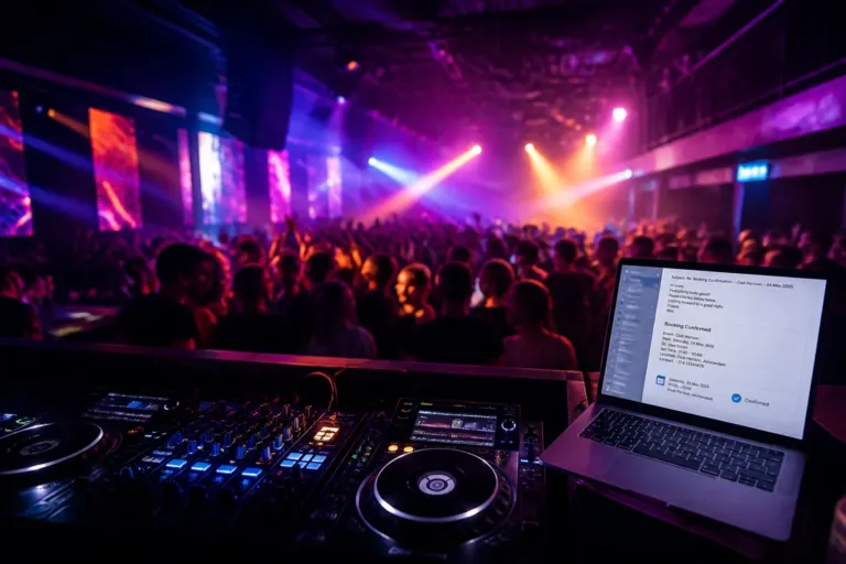 dj performing in a crowded club while a nearby laptop shows a confirmed booking schedule