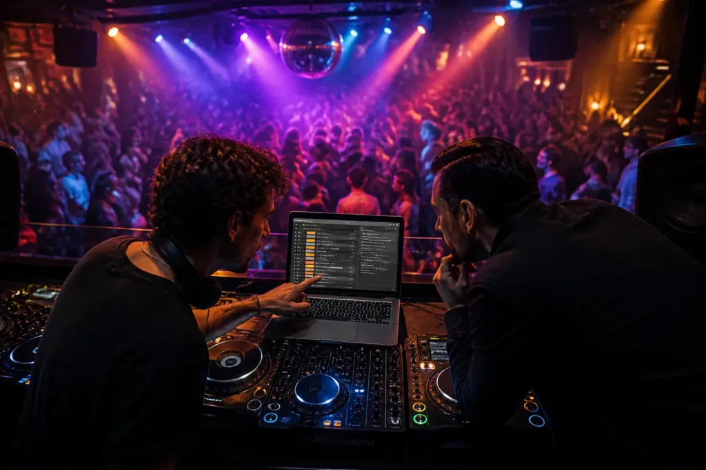 dj booth above a crowded dance floor where a dj and club manager review booking details on a laptop