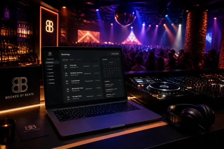 dj booth above a crowded dance floor with a laptop showing organized booking details on screen
