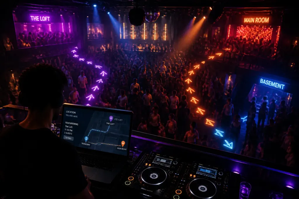 dj booth with laptop showing a venue map overlooking a crowded dance floor with glowing path lights