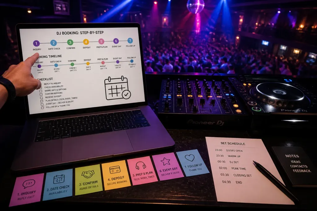 dj booth above a crowded dance floor, laptop screen with booking steps and notes beside mixer