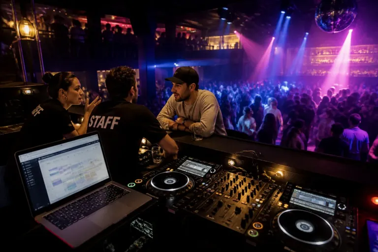 dj at a booth above a busy dance floor while a laptop beside the mixer shows booking details