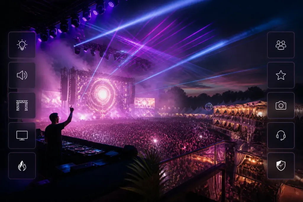 twilight festival mainstage with silhouetted dj, vast crowd, lasers, and visible vip sections