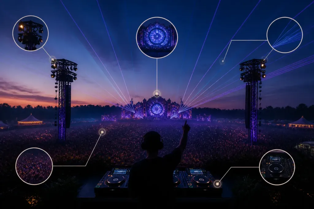 twilight festival mainstage with a silhouetted dj and crowd under lasers, viewed from above with subtle diagram-like overlays