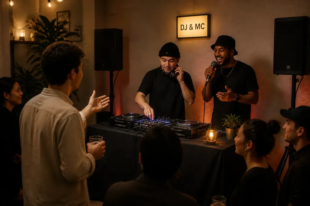 dj and mc duo on a small stage at an intimate party as a guest watches their setup with interest