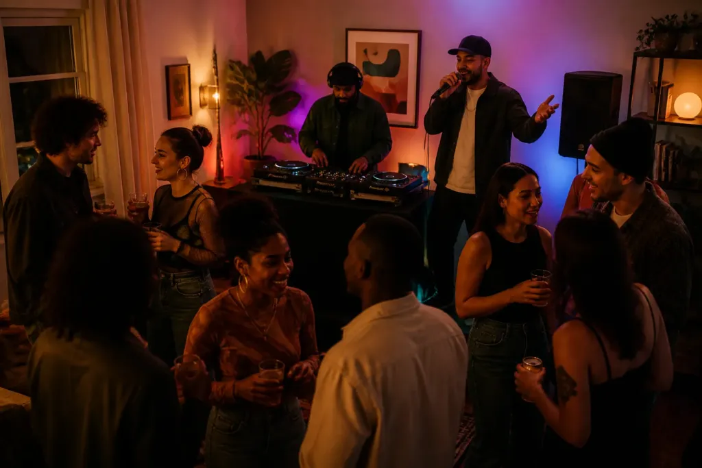 dj and mc duo on a small stage in a cozy living room while guests mingle and listen