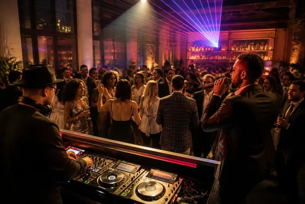 dj and mc performing together at a lively private party with guests dancing under colorful lights