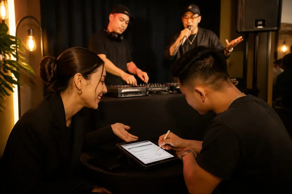 guest signing a digital booking form while a dj and mc perform on a small stage at an intimate party in the background
