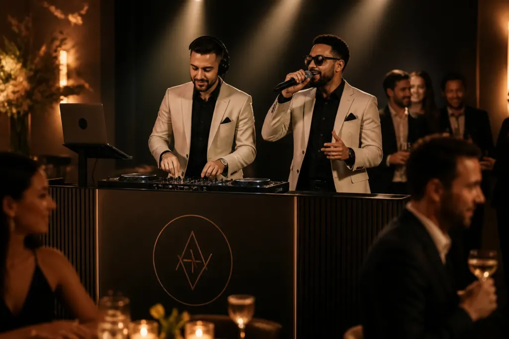 dj and mc duo on a small stage with pro lighting and sound at an intimate private party