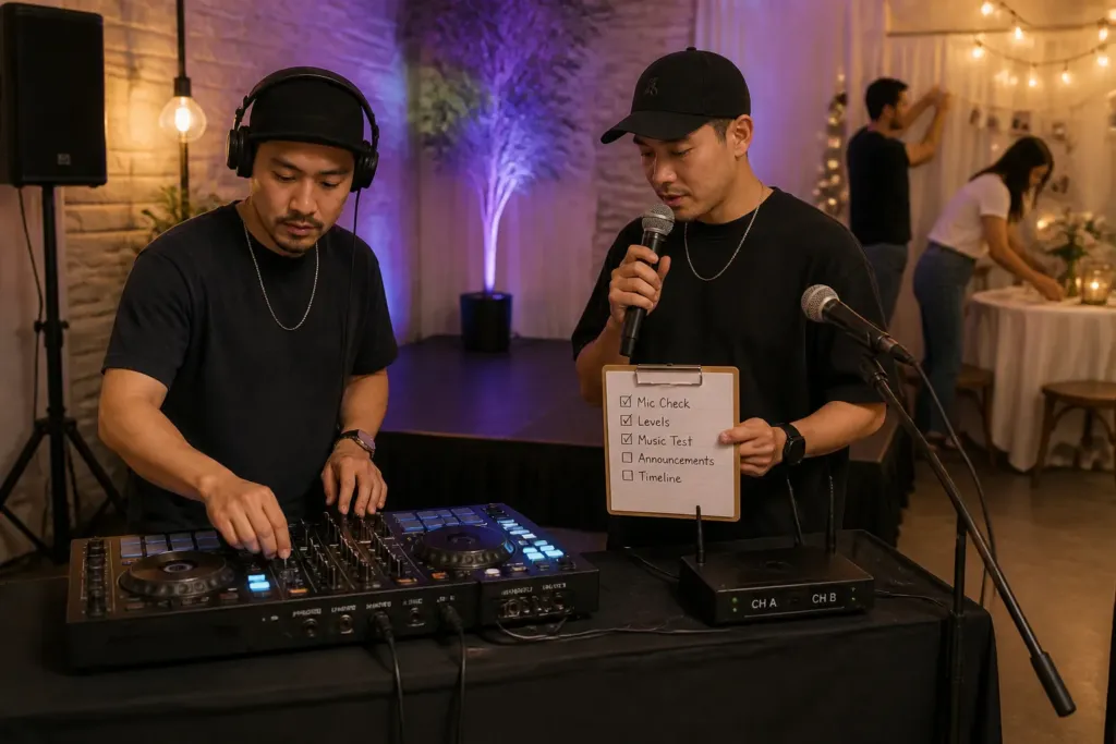 dj and mc duo on a small stage testing sound equipment and reviewing a checklist at an intimate party