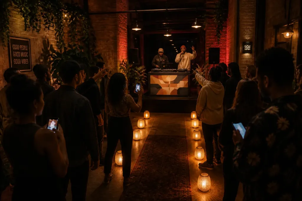 dj and mc duo on a small stage near an entrance as guests navigate the intimate party space