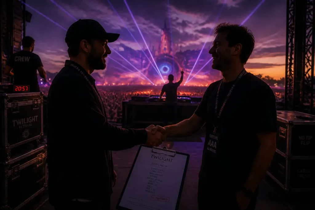 festival booker and agent shake hands beside a twilight mainstage with silhouetted dj, lasers and vast crowd