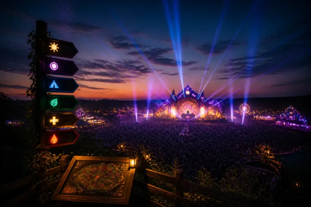 twilight festival mainstage with a silhouetted dj and vast crowd under lasers seen beyond a lit signpost and map board
