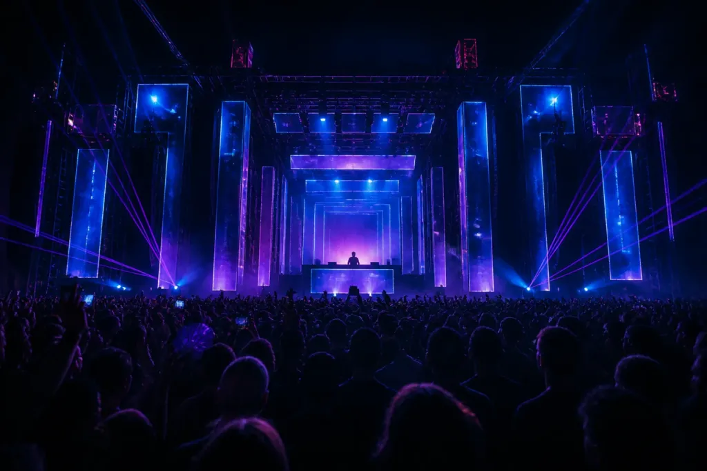 headliner techno DJ on main festival stage with lasers, LED panels and dense dancing crowd at night