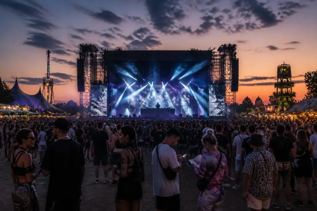 crowd between food stalls and tents facing a towering main stage with a silhouetted techno dj at dusk