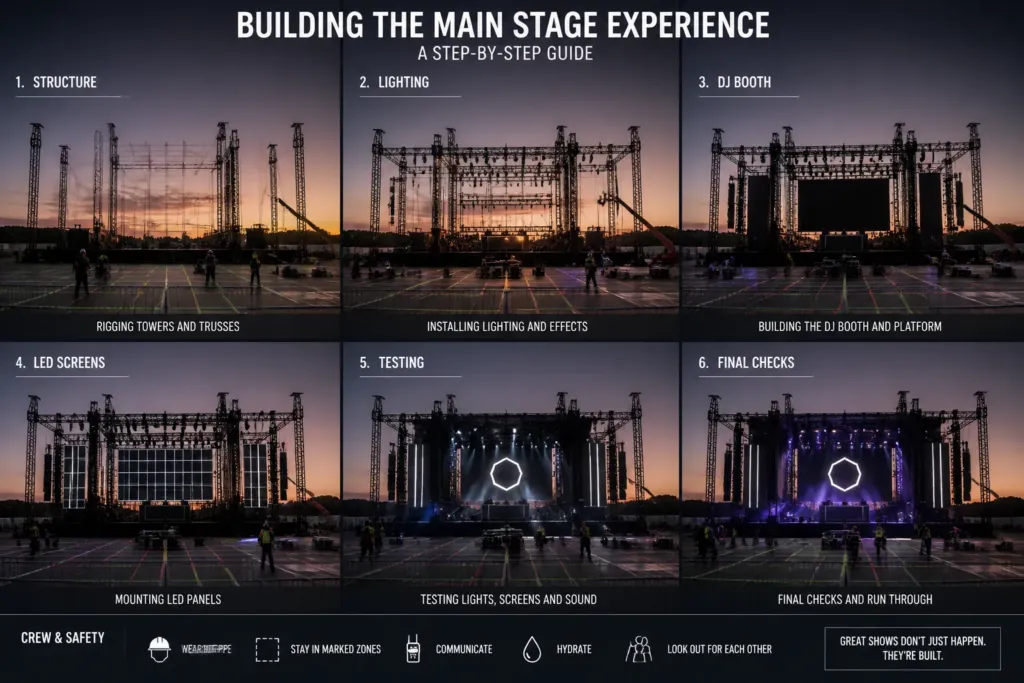 stage crew assembling a towering festival main stage while a silhouetted DJ tests lights above the crowd area