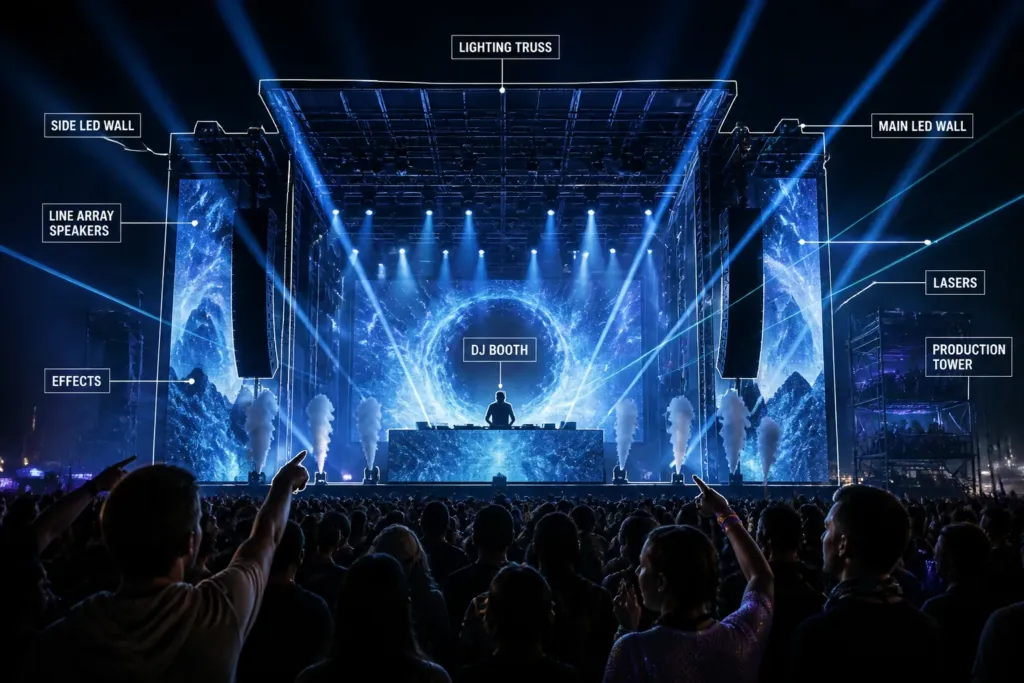 crowd watching silhouetted techno dj on towering main stage with highlighted stage elements