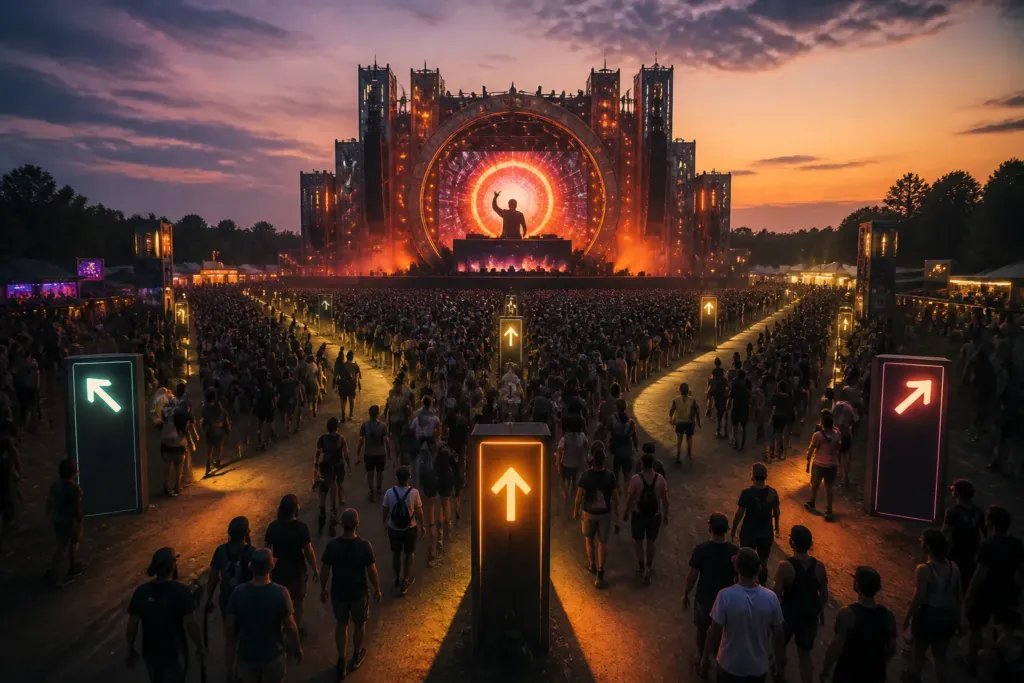 festival crowd using a towering main stage with a silhouetted techno DJ as a central landmark with glowing wayfinding signs