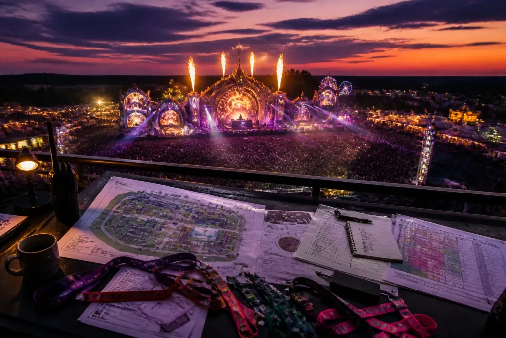 large festival crowd at a lit main stage with DJ, pyrotechnics and papers with itineraries in foreground