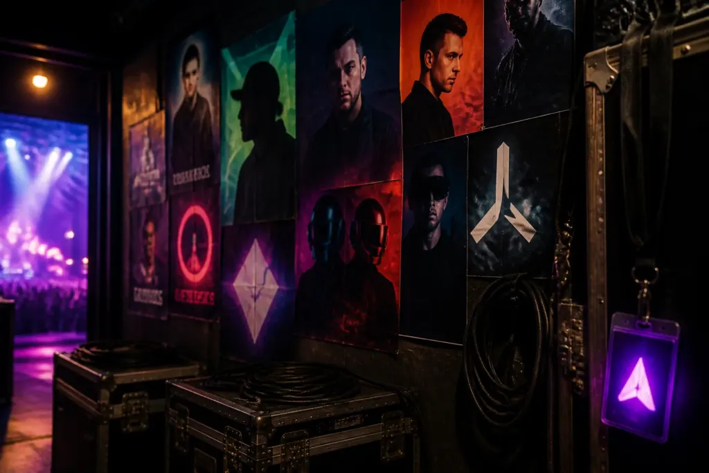 backstage wall covered with colorful dj posters and logos with stage lights glowing in the distance