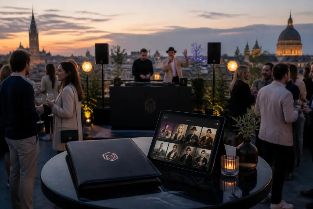 dj and mc performing on a European rooftop event while an agency booking tablet rests on a nearby table