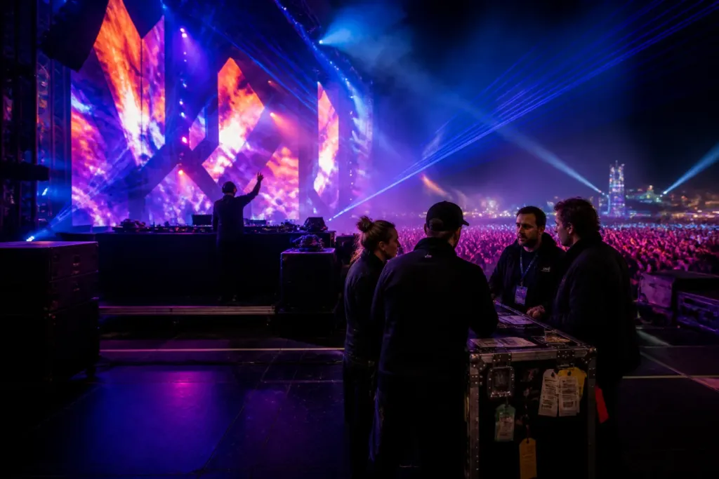 dj performing on a large festival mainstage at night with lasers and a packed crowd