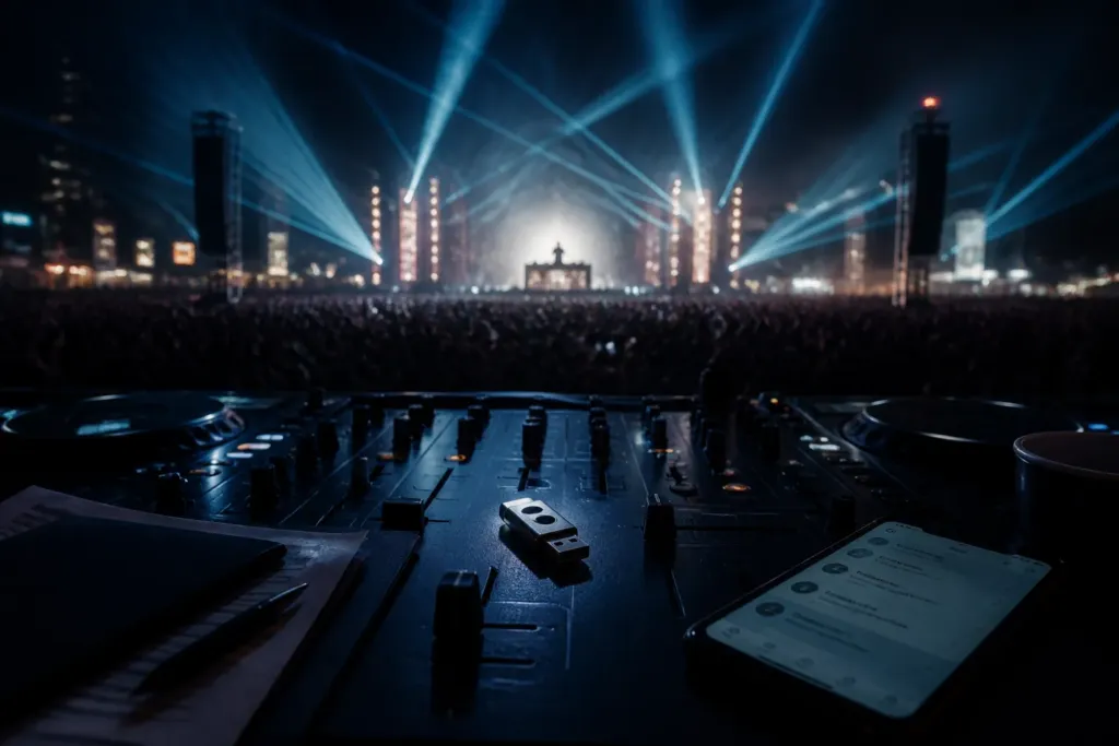usb stick on a DJ mixer overlooking a packed techno crowd and headliner silhouette under lasers