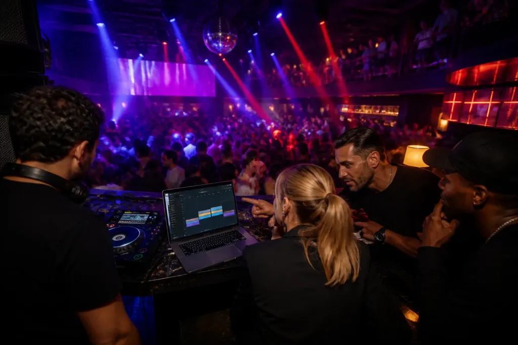 busy nightclub with a dj booth overlooking a crowded dance floor and a laptop open to booking details
