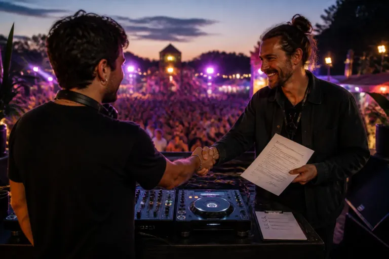 festival DJ in open-air booth shaking hands with organizer over decks while vibrant crowd dances beyond