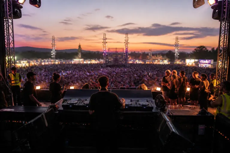 open-air festival dj booth viewed from behind with crew nearby and a colorful crowd in the distance