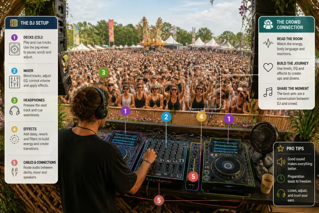open-air festival dj booth seen from behind with highlighted gear facing a curious daytime crowd