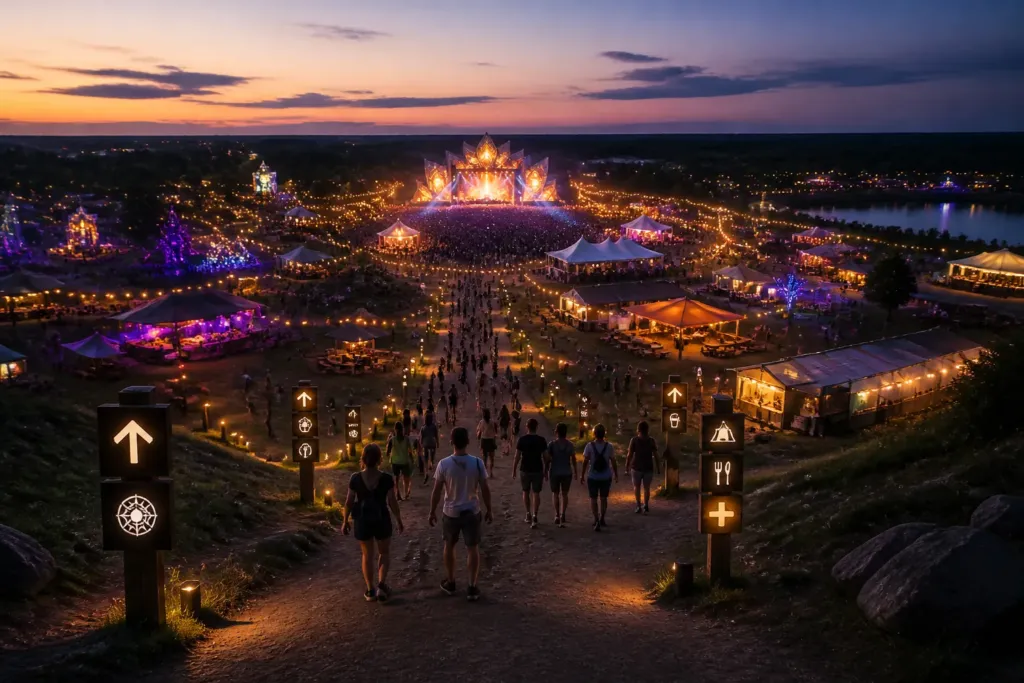 open-air festival dj booth seen from behind as a glowing landmark among multiple stages, tents and wayfinding signs