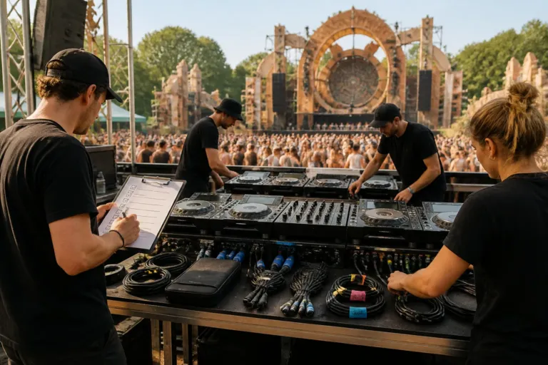 stage crew and a dj seen from behind methodically setting up an open-air festival dj booth facing a colorful crowd