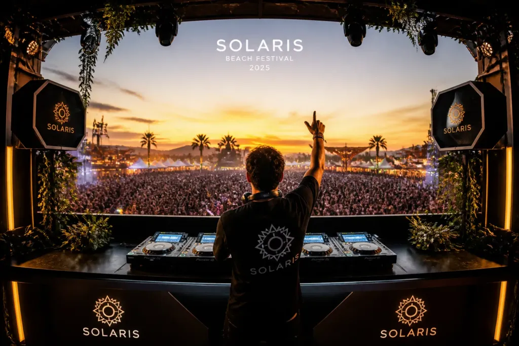 polished open-air festival dj booth seen from behind facing a vibrant crowd at sunset with premium lighting