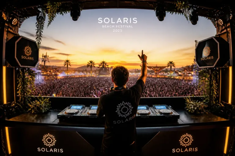 polished open-air festival dj booth seen from behind facing a vibrant crowd at sunset with premium lighting