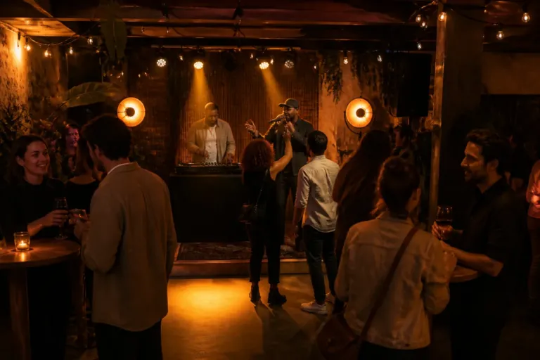 dj and mc duo on a small stage at an intimate party with guests mingling and a few people dancing nearby